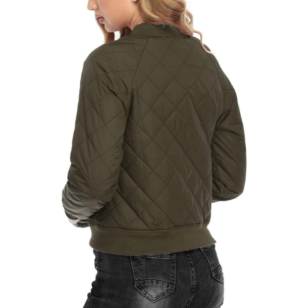 Women's Lightweight Zip Up Fashion Outerwear Dark Green Quilted Bomber Jacket - Picture 6 of 6